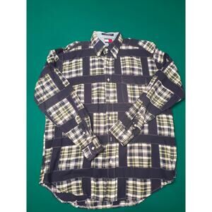 Tommy Hilfiger Shirt Mens M Yellow Blue Multi Patchwork Color Block VTG 90s